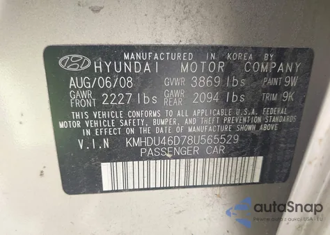 2008 Hyundai Elantra Gls/Se из США, поврежденный, VIN KMHDU46D78U565529